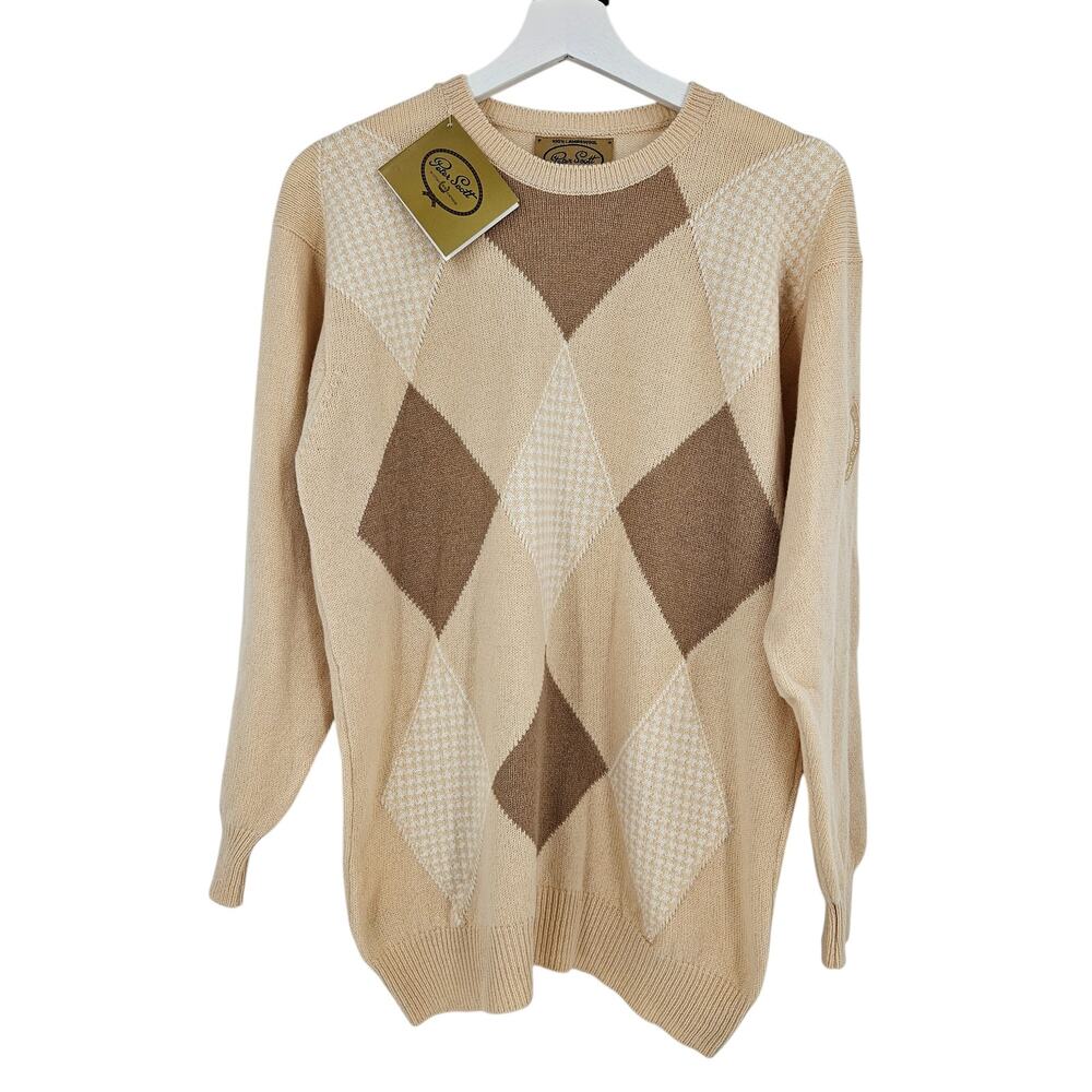 Peter Scott Men's Sweater Cream Argyle Lambswool Long Sleeve Pullover NWT Size M